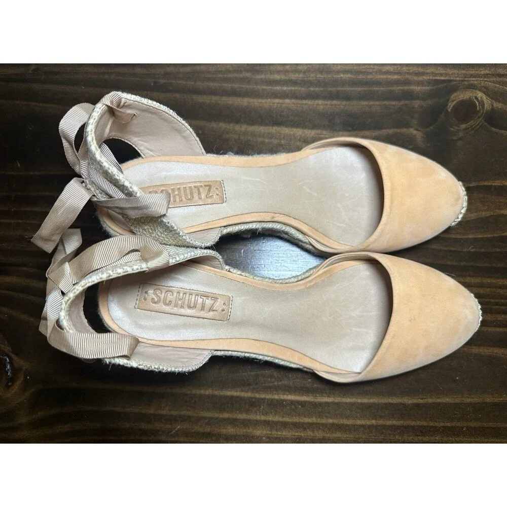 Schutz Wedge Espadrille‎ Tie Ankle Sandals Suede Peach Orange Women's 9 EU 40